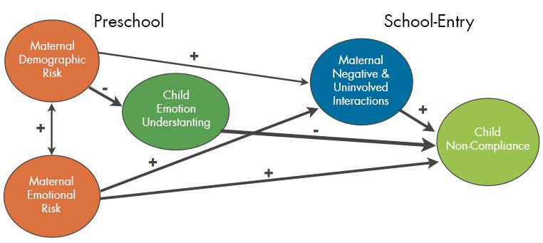 Figure 1.  A model of significant pathways from familial risk to children’s social-emotional competence. (Note: The thickness of the arrows indicate the size of the significant path coefficients; the direction of the associations is also indicated.)