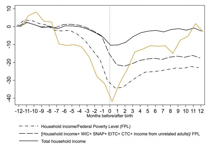 This graph compares the average monthly percent changes in three measures of household economic wellbeing for all U.S. households (black lines) and in total household income for single mothers living without other adults (gold line). 

Source. Author’s calculation of 1996-2008 panels of the Survey of Income and Program Participation.